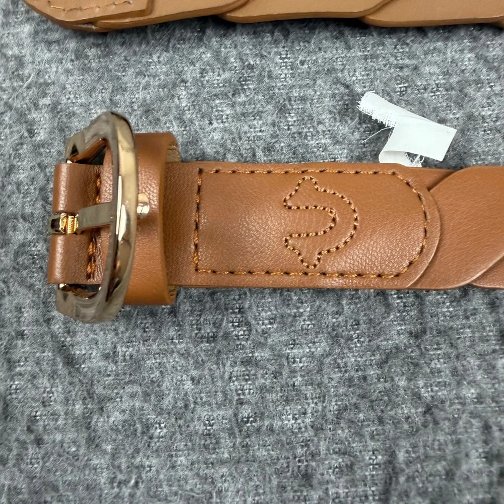 True Religion Braided Belt Womens L/XL Cognac Brown Faux Leather Gold Buckle